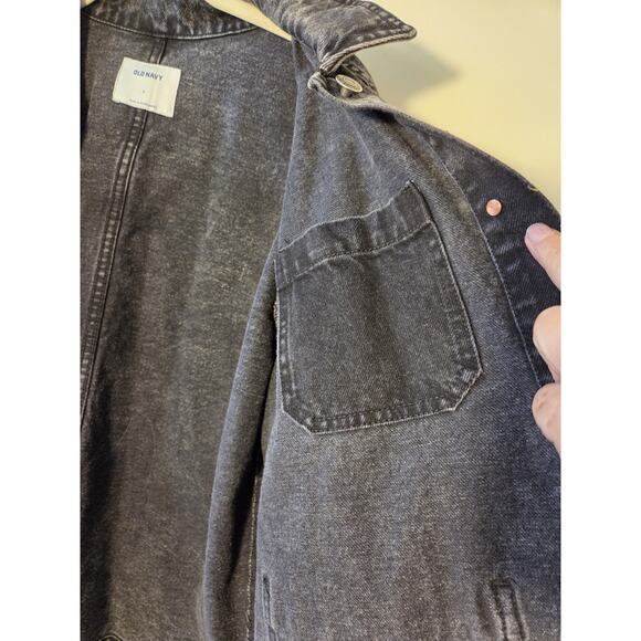 Old Navy Womens L Denim Button Jacket Black Fade Wash Chore Style Pockets - Picture 5 of 9